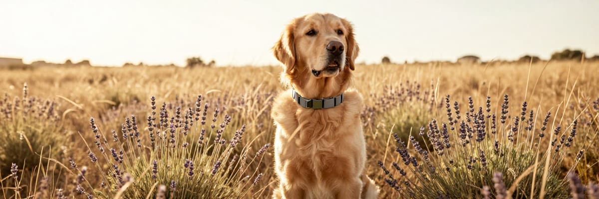 Dog in Portuguese meadow wearing Luvina Pet collar