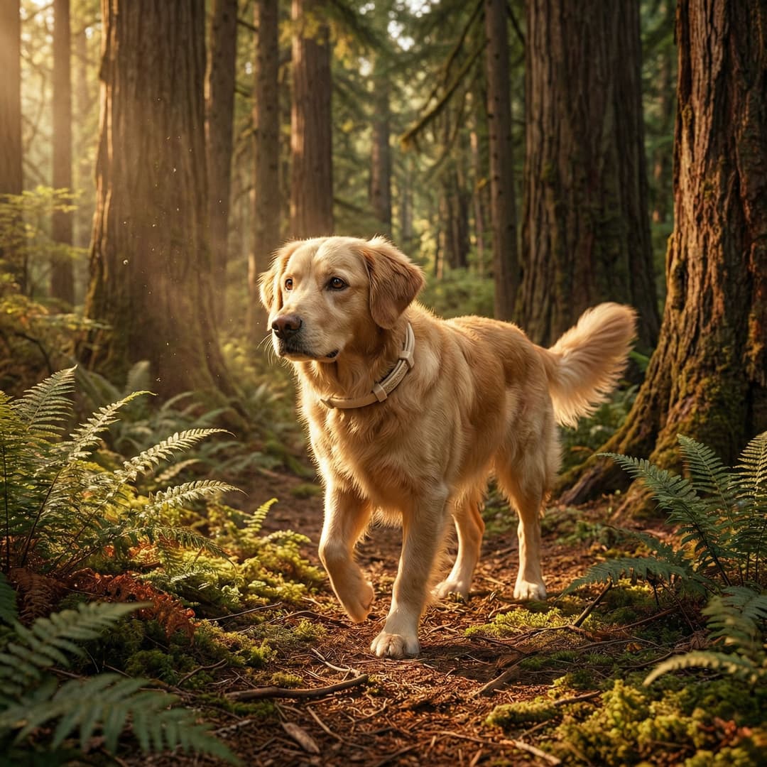 Dog exploring a forest trail wearing Luvina Pet collar