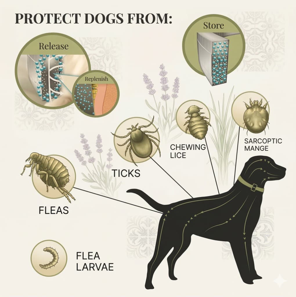 Infographic showing what the Luvina Pet collar protects dogs from: fleas, flea larvae, ticks, chewing lice, sarcoptic mange